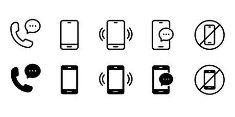 Phone icon set. Contact us symbol. Telephone call sign. Cell phone, ringing phone pictogram isolated on white background. Vector illustration.