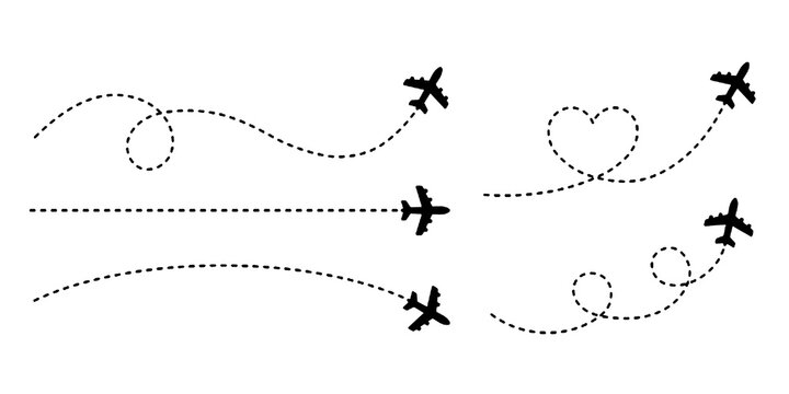 Airplane route with dotted flight path. Flying plane symbol with twisted, curved, straight and heart shape dashed trace path. Transparent png and vector illustration.