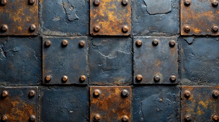 Fototapeta premium Rusty metal plates, wall texture, squares, rivets
