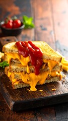 Melted cheese sandwich on a wooden board
