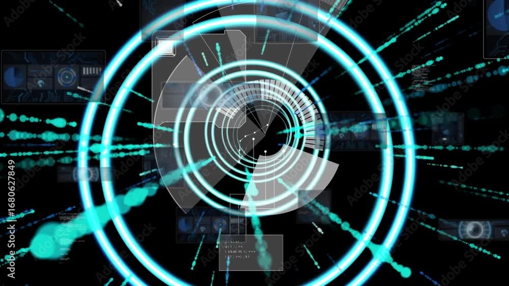 Aufkleber animation of hud processing with light beams, network connecting dots on interface