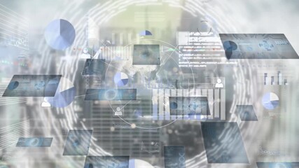 Animation of data with globe, profile network connecting dots, hud processing against cityscape - Powered by Adobe