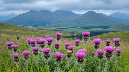 Obraz premium Scottish thistle wildflowers in grassy highlands, mountains in background