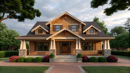Beautiful craftsman style house with welcoming front porch and lush greenery
