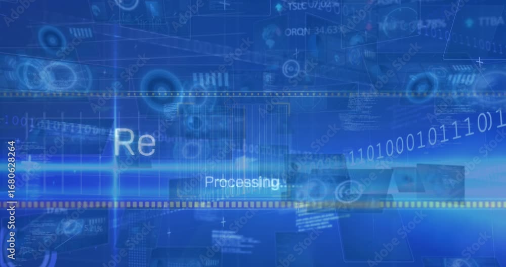 Aufkleber animation of data processing with receiving files text on digital interface