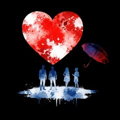 Obraz premium Four silhouettes under a bloody heart moon with an umbrella