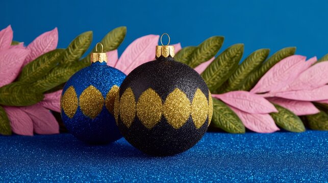 Sparkling orbs of midnight magic nestled amid tropical foliage, celebrating Festivus with a twist of botanical whimsy