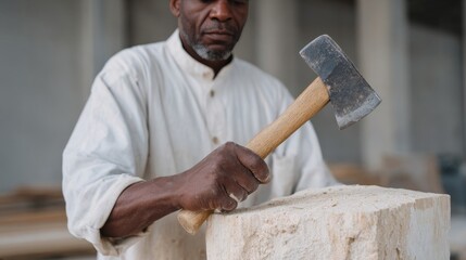 Ancient stone sculptor, embodying artisan rhythms, chisels marble block with vigor, evoking Kwanzaa crafts, creation whispering through hands