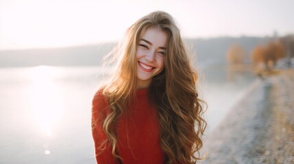 Radiant young Caucasian woman in red sweater, autumnal lakeside serenity, World Smile Day, capturing the golden hour's embrace