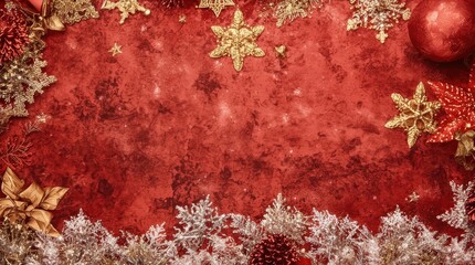 Christmas Red Paper Background Candy Canes Pine Branches Decorations Flat Lay Banner Template Copy Space
