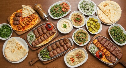 Delicious Middle Eastern Meal Platter with Kebabs and Sides