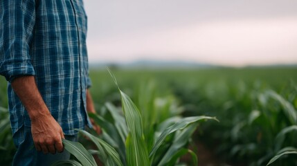 Rugged hands of a middle-aged Caucasian male farmer caress verdant corn leaves under the solstice sky, evoking Lammas harvest spirit