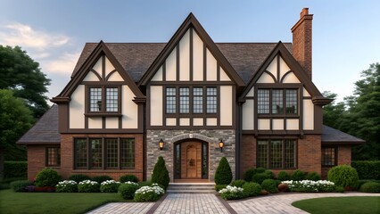 Majestic tudor revival home with steeply pitched roof and half timbering