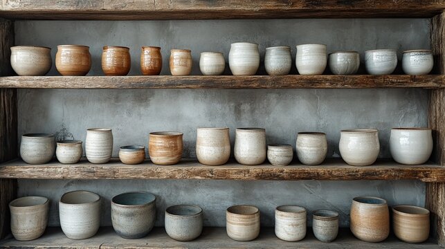 Handmade pottery displayed on rustic wooden shelves, offering a glimpse of artisan craftsmanship. - Powered by Adobe