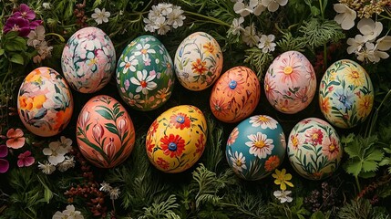 Hand-painted Easter eggs adorned with intricate floral patterns, a perfect representation of springtime artistry.