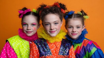 Three European girls in vibrant clown costumes smile with infectious joy, celebrating World Circus Day and Carnival extravagance