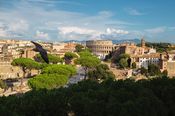 Obraz premium Panoramic View of Rome with Colosseum, Roman Ruins, and Flying Bird Over Greenery and Historic Architecture