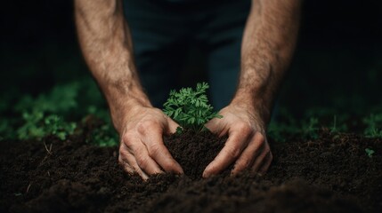 Two rugged hands nurture a baby seedling during International Permaculture Day, celebrating Earth care, community, and regeneration