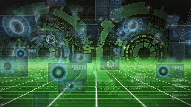 Animation of infographic data processing with huds on playground with tracks - Powered by Adobe