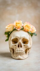 Obraz premium Ancient skull crowned with vibrant peach roses evokes Dia de los Muertos, echoing life's beauty amid serene decay