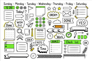 High quality hand-drawn vector illustration of planner and organizational elements, featuring days of the week, task labels, icons, frames, and decorative doodles