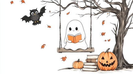 A cute Halloween ghost reading a book on a swing with a tree and pumpkins in the background.