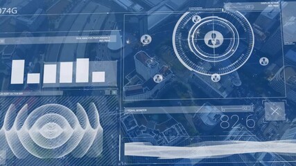 Animation of infographic data with graphs processing with hud over cityscape - Powered by Adobe
