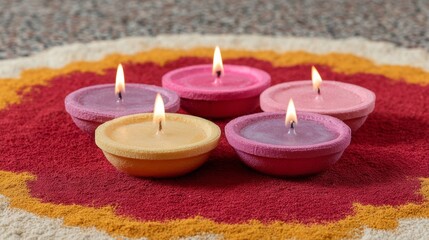 Glowing diyas in vibrant hues illuminate the intricate Rangoli, symbolizing Diwali's joyous spirit and autumn's whispered secrets