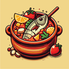 Cartoon Style Illustration Rich Fish Stew Soup Bowl Cuisine