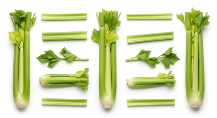 Fresh celery stalks and slices arranged in a geometric pattern on a white background.