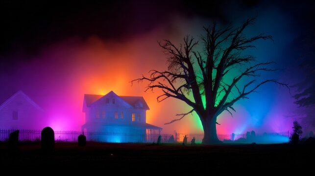 Ghostly manor bathed in spectral hues, Halloween enchantment mingles with Dia de los Muertos mystery, vibrant eerie ambiance