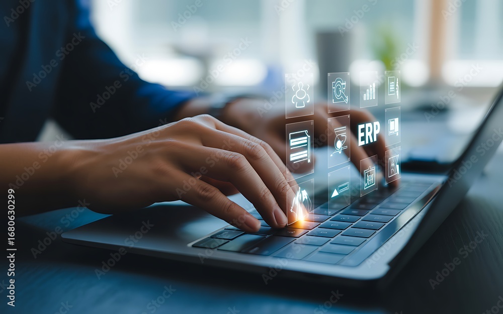 Poster hands on laptop keypad surrounded by floating erp icons symbolizing business technology