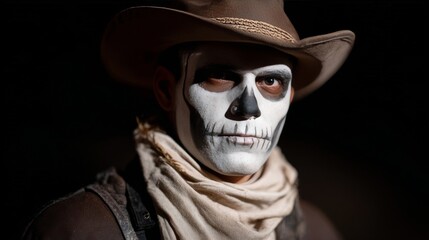 Masked cowboy with skeletal face paint, mysterious Western spirit, Dia de los Muertos vibes, haunting festival allure, enigmatic figure