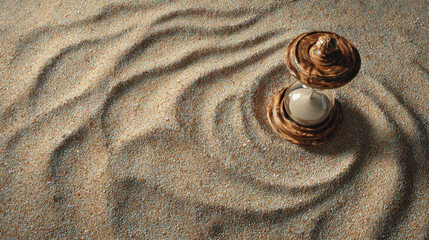 Wooden hourglass on textured sand surface with natural wind patterns showing time flow concept
