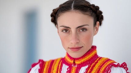 Austere European woman in vibrant folk attire embodies timeless tradition, evoking Midsummer Festival and Harvest Moon celebrations