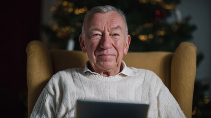 A serene elderly Caucasian man enveloped in festive spirit, warm woolen nostalgia, reflecting amidst twinkling Yuletide and Solstice glow