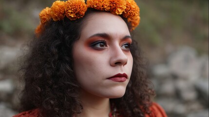 A contemplative Hispanic woman adorned with marigold crown, evoking Dia de los Muertos, autumnal serenity, ancestral whispers