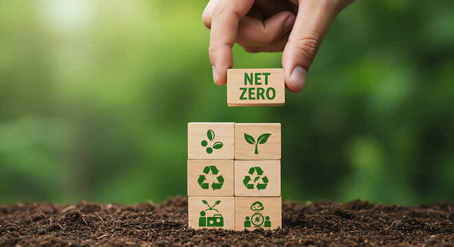 Net Zero and Carbon Neutral Concepts,green net center icon and green icon on gray background. Net Zero Emissions Goals A climate-neutral long-term strategy Ready to put wooden blocks by hand 