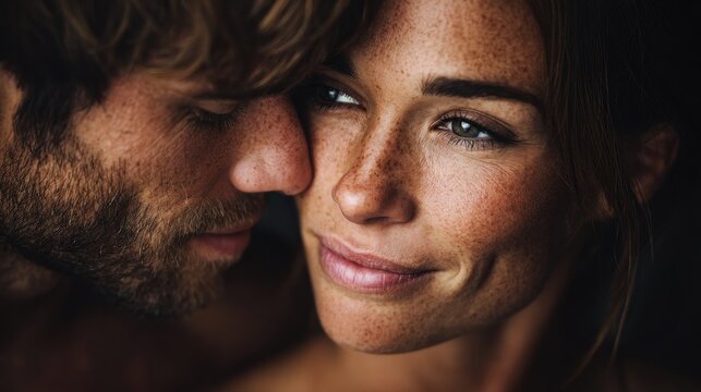 An intimate portrait of a loving couple sharing a moment of tender affection, close up.