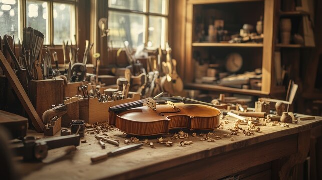 A detailed shot of a workbench, with a violin in the process of being made, wood shavings, calipers, and small hand tools surrounding it, master craftsmanship, warm workshop light.