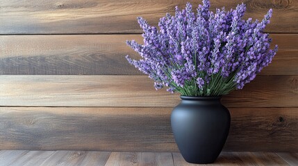 Lavender flowers arranged in a sleek black vase, set on a wooden table.