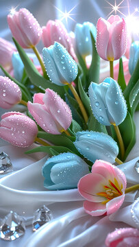 "Close-up of pastel pink and blue tulips with sparkling dewdrops, dreamy floral composition with glowing crystal reflections, romantic spring botanical artwork in soft elegant colors"