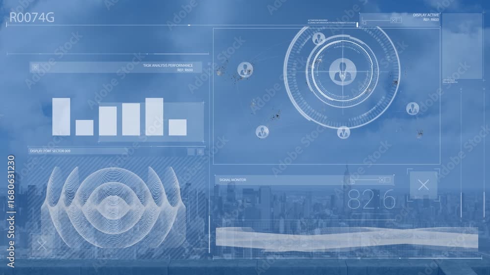 Aufkleber animation of infographic data with graphs processing with hud over cityscape