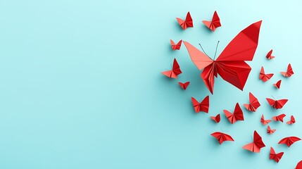 Red Origami Butterflies on Light Blue Background, Large Butterfly with Antenna, Subtle Shadows