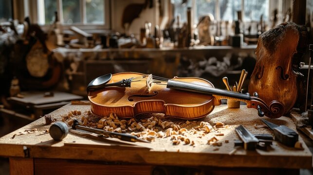 A detailed shot of a workbench, with a violin in the process of being made, wood shavings, calipers, and small hand tools surrounding it, master craftsmanship, warm workshop light. - Powered by Adobe