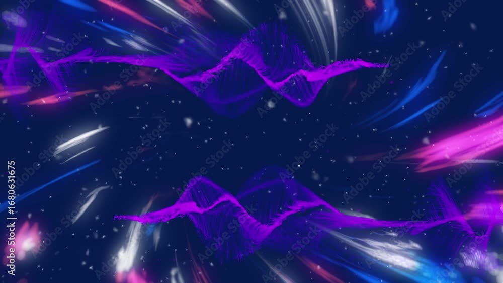 Poster animation of 3d neon light beams with particle waves moving on computer graphic background