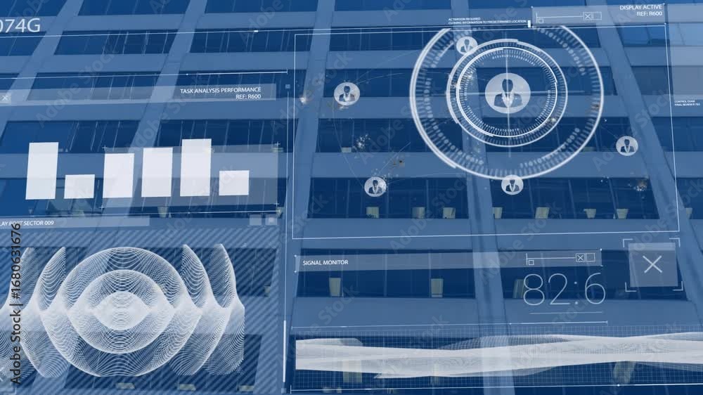Aufkleber animation of infographic data, graphs processing with hud against office building