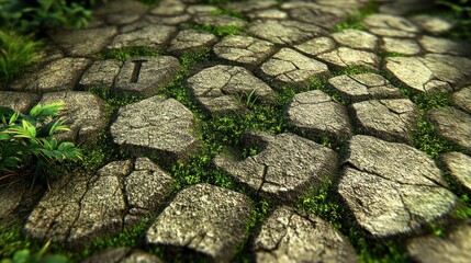 Close-Up Shot of Stone Pavement with Grass Growing Between the Stones Enhances Tranquility