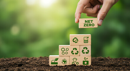 Net Zero and Carbon Neutral Concepts,green net center icon and green icon on gray background. Net Zero Emissions Goals A climate-neutral long-term strategy Ready to put wooden blocks by hand 