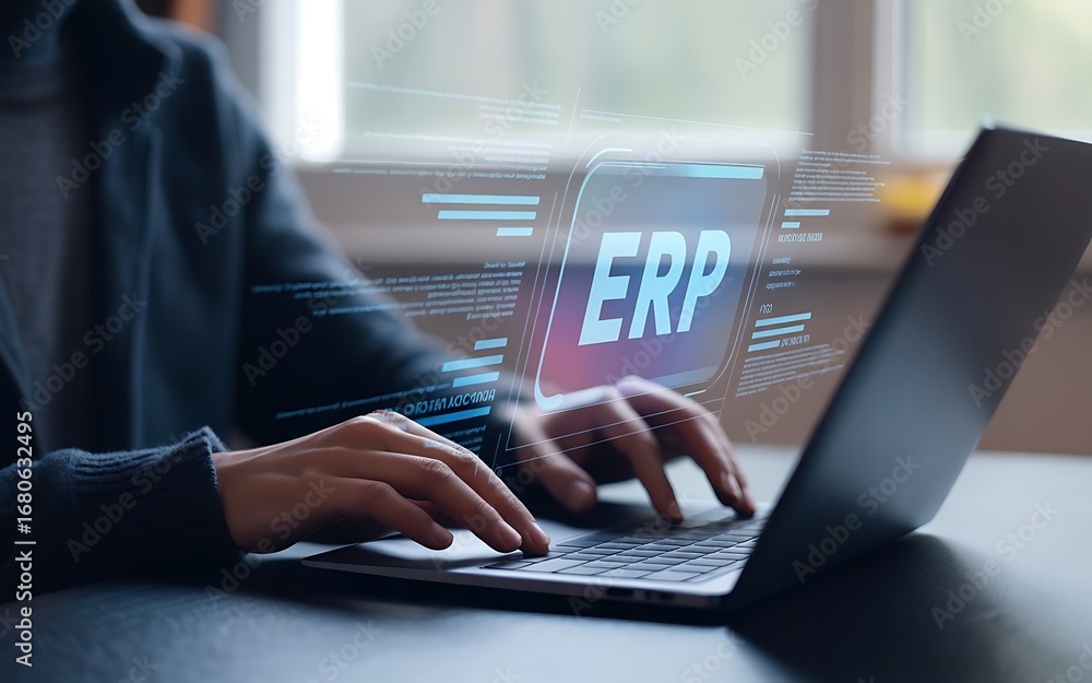 Poster digitally transforming business operations with enterprise resource planning (erp) software, enhanci